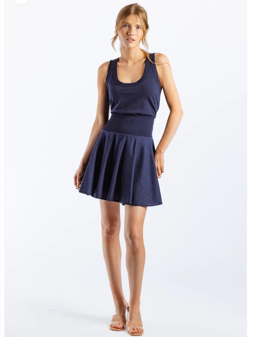 SUNDAYS Mallory Navy Linen Smocked Waist Mini Dress Medium